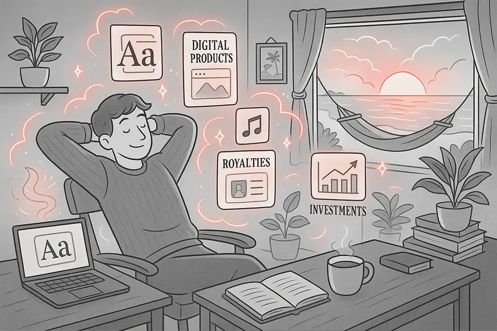 A freelancer relaxing in a cozy workspace with glowing icons of fonts, digital products, royalties, and investments floating around, symbolizing the ultimate freelancer retirement plan with passive income for life.