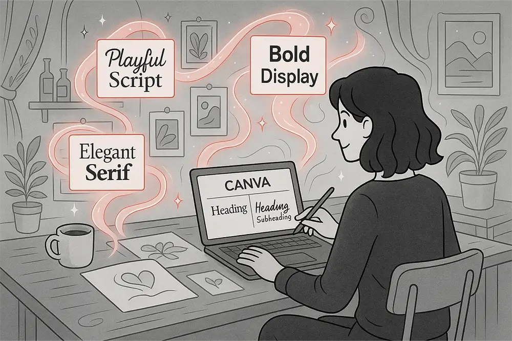 A whimsical artist’s loft with a designer working on Canva font pairings, surrounded by glowing script, serif, and display fonts floating like magical elements in a creative space.