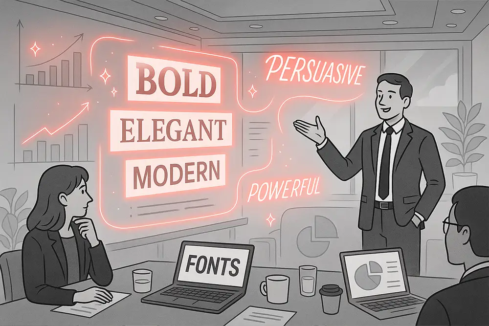 A confident professional delivering a corporate presentation with glowing bold, elegant, and modern fonts on the screen, highlighting the power of unforgettable typography in persuasive business slides.