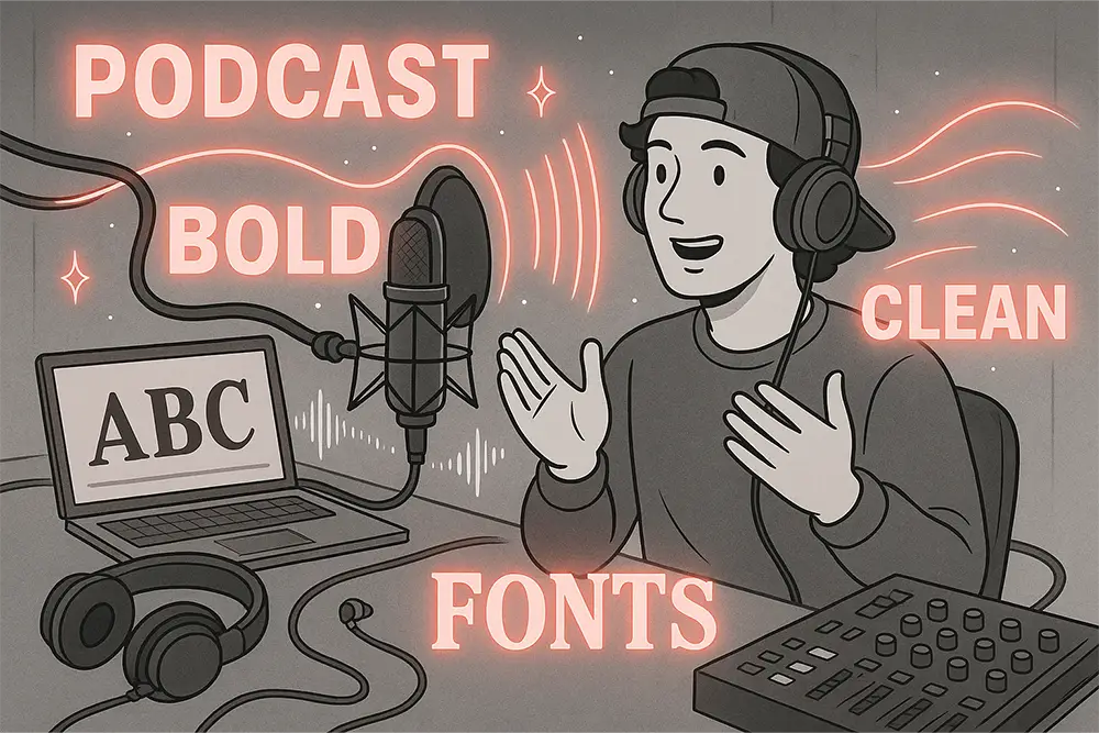 Black-and-white line art of a podcast host with glowing red accents, microphone, laptop, and bold clean Podcast Fonts surrounding the studio scene.