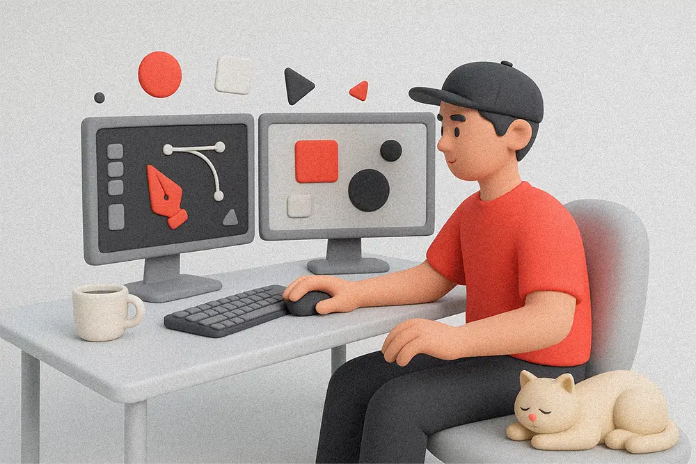 A futuristic black-and-white digital line art illustration with glowing red accents showing a small business owner using Free Adobe Illustrator Alternatives on multiple devices.