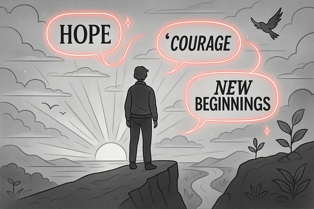 A symbolic sunrise illustration of hope and courage with a person standing on a cliff, glowing words in the sky highlight new beginnings quotes as inspiration.