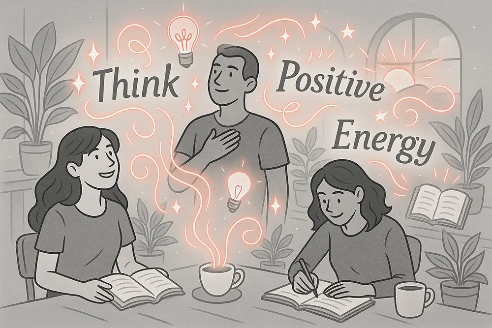 A creative scene of people reading and writing in a bright room with glowing lightbulbs, books, and sunrise, symbolizing uplifting positive energy quotes that lift spirit and focus.