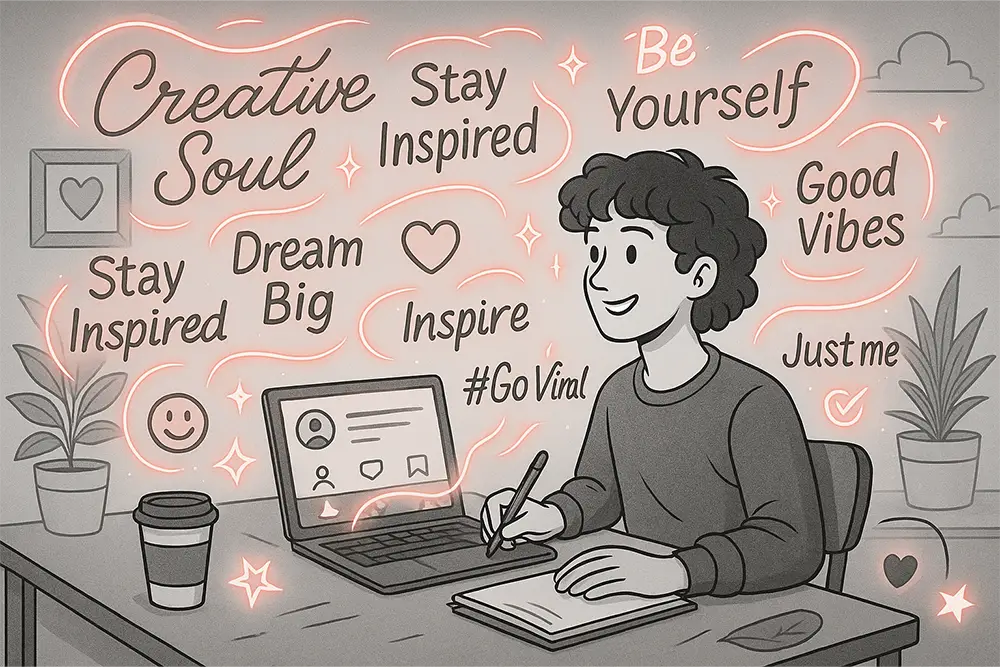 Black-and-white digital line art of a creator surrounded by glowing Instagram bio ideas, laptop, and plants with red accents.