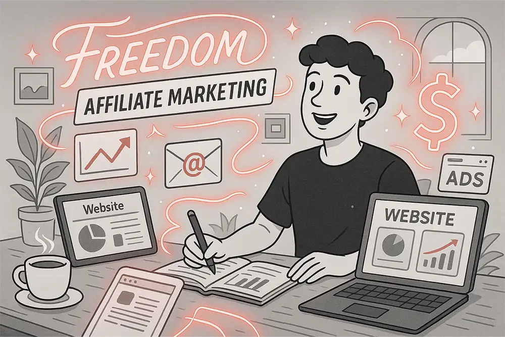 Black-and-white digital illustration of a young entrepreneur working on affiliate marketing strategies, with glowing red accents of charts, websites, ads, and freedom banners.