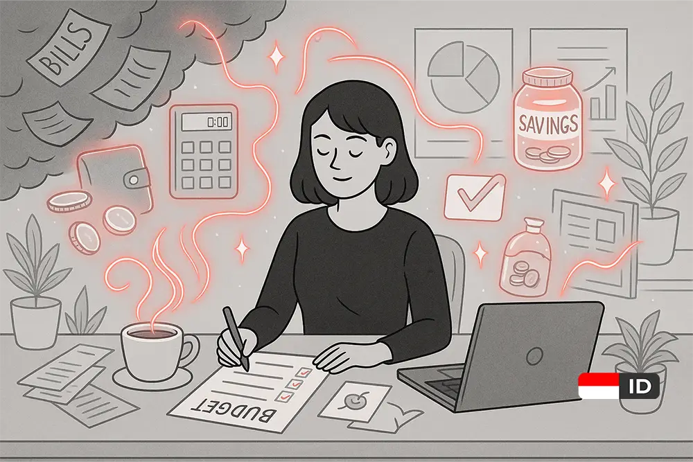 Ilustrasi seorang freelancer tenang mengatur keuangan freelancer di meja kerja dengan laptop, daftar budget, dan ikon bercahaya berupa tabungan, grafik, dan checklist yang melambangkan manajemen finansial yang rapi.