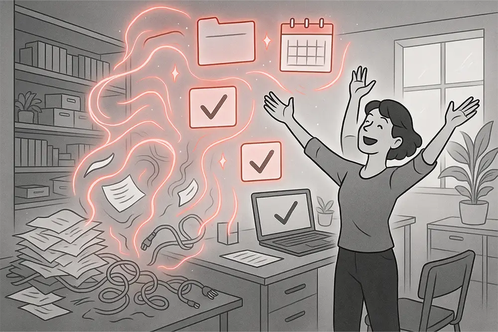 Black-and-white line art of a person joyfully decluttering a workspace with glowing red accents, symbolizing Digital Declutter.