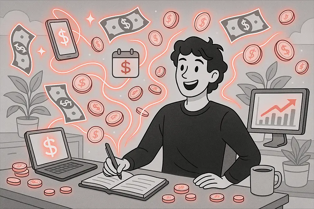 Black and white digital illustration of a freelancer surrounded by glowing dollar signs, coins, and laptops symbolizing Side Hustles and passive income in 2025.