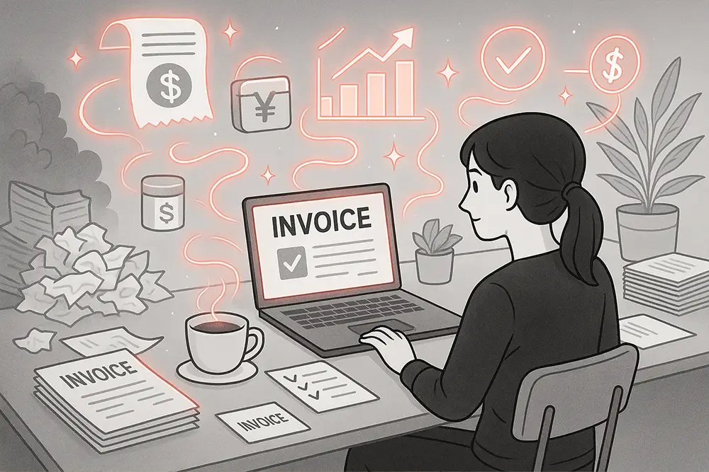 A freelancer at a modern desk using AI invoicing tools on a laptop, surrounded by glowing digital receipts, charts, and money icons, symbolizing how AI invoicing tools save time and money.