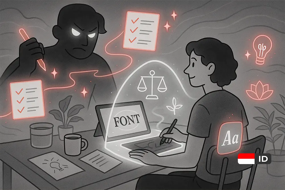 Seorang freelancer desain tetap tenang di meja kerja dengan perlindungan kreatif, menghadapi bayangan besar Klien Perfeksionis yang dikelilingi checklist bercahaya, melambangkan cara menghadapi tuntutan tanpa drama dan stress.