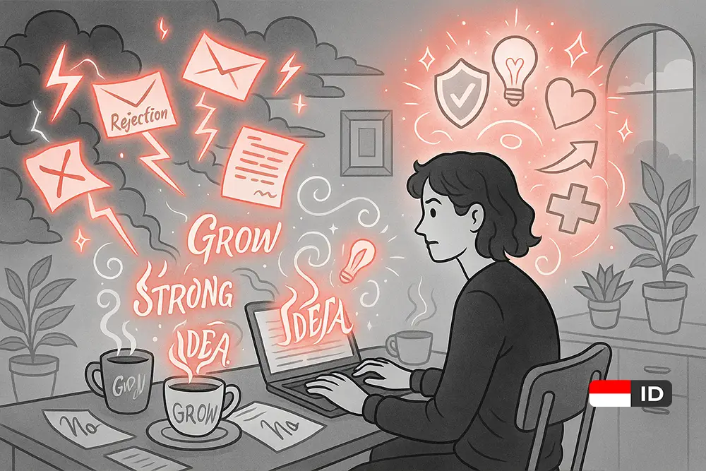 Seorang freelancer duduk tenang di meja kerja dengan laptop, dikelilingi simbol badai dan surat ditolak di satu sisi, serta ikon cahaya, hati, dan perisai di sisi lain—melambangkan mindset tahan banting menghadapi penolakan klien freelance tanpa drama.