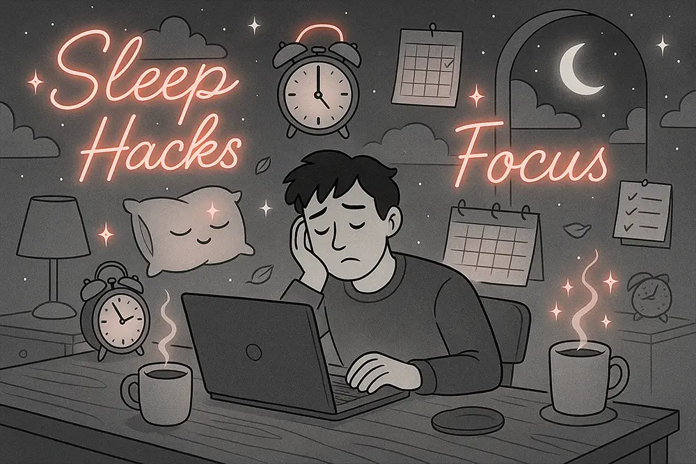 Dreamy black-and-white line art of a freelancer at night, glowing clocks and stars symbolizing sleep hacks freelancer and focus.