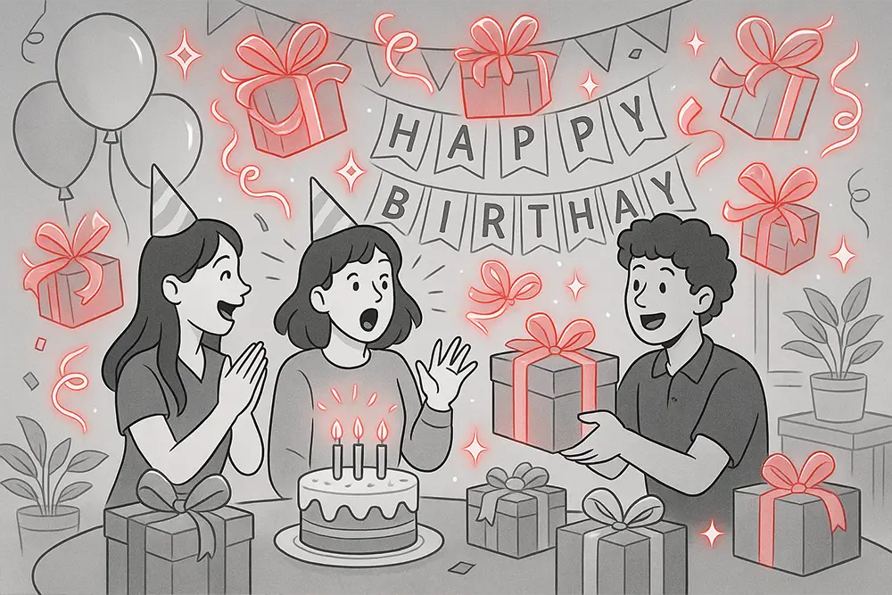 Black-and-white illustration with glowing red accents of friends exchanging presents at a birthday party, highlighting joyful celebration and Best Gift Ideas.