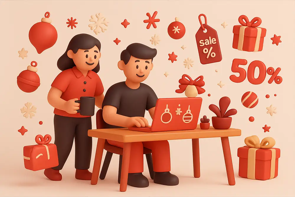 3D clay-style illustration of two cheerful designers working on a laptop in a cozy, festive studio decorated with Christmas ornaments, sale tags, and gift boxes — representing creative design for Ecommerce Holiday Banners.