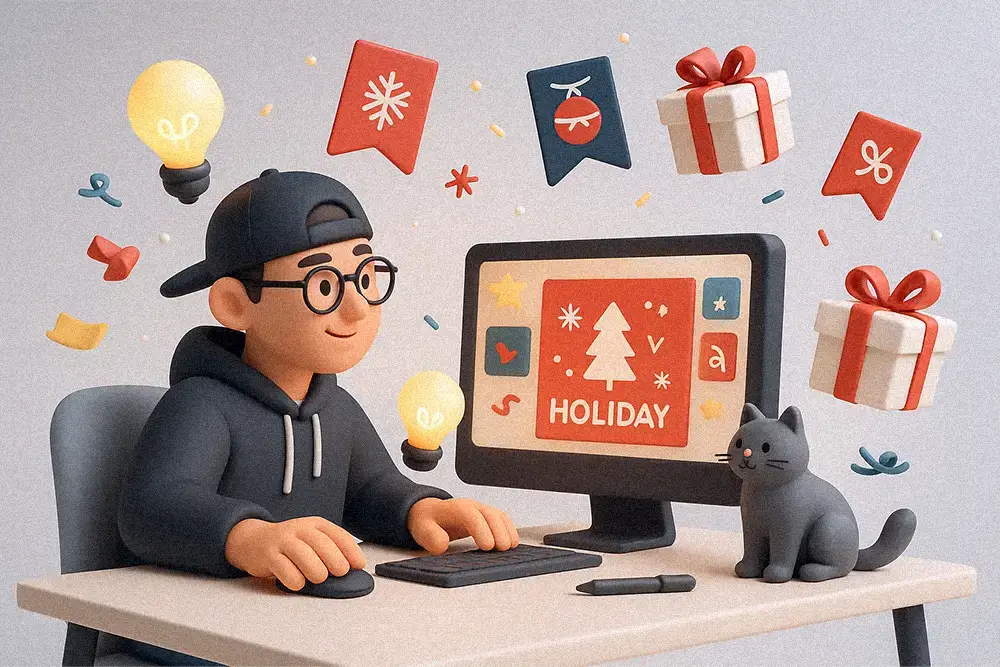 Creative designer surrounded by festive energy, crafting visuals that capture the spirit of Fonts for Ecommerce Holiday Banners.