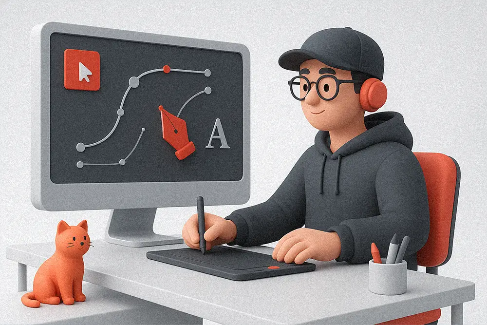 A futuristic 3D clay-style illustration representing precision and creativity in AI Vector Cleanup, with a designer refining vector paths on a glowing digital canvas.