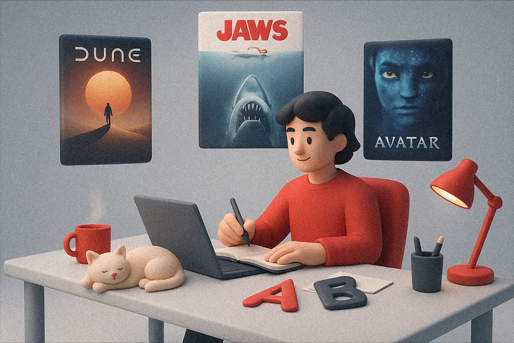 A cinematic 3D clay-style illustration capturing the creative process behind Movie Poster Fonts, filled with depth, drama, and artistic focus.