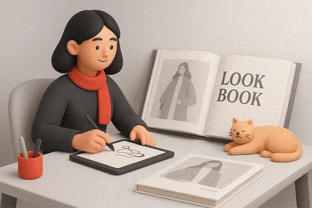 Elegant 3D clay illustration capturing the calm creativity of a designer’s workspace — symbolizing the refined aesthetic behind Fashion Lookbook Fonts and editorial artistry.