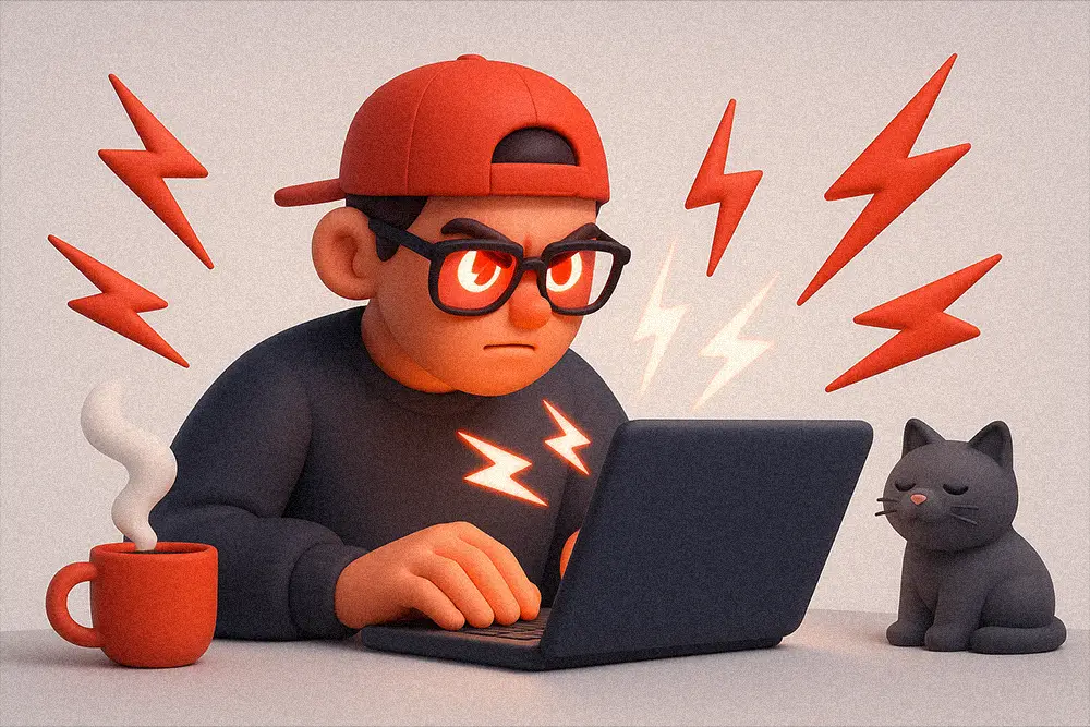 Focused freelancer with glowing eyes working intensely on his laptop, surrounded by electric light streaks symbolizing speed and productivity — Best Laptop Tips for Freelancers visual concept.
