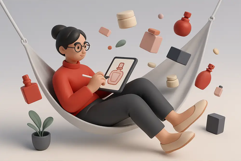 A 3D clay-style illustration representing elegance and creativity in beauty branding, inspired by Luxury Perfume & Cosmetics Fonts.