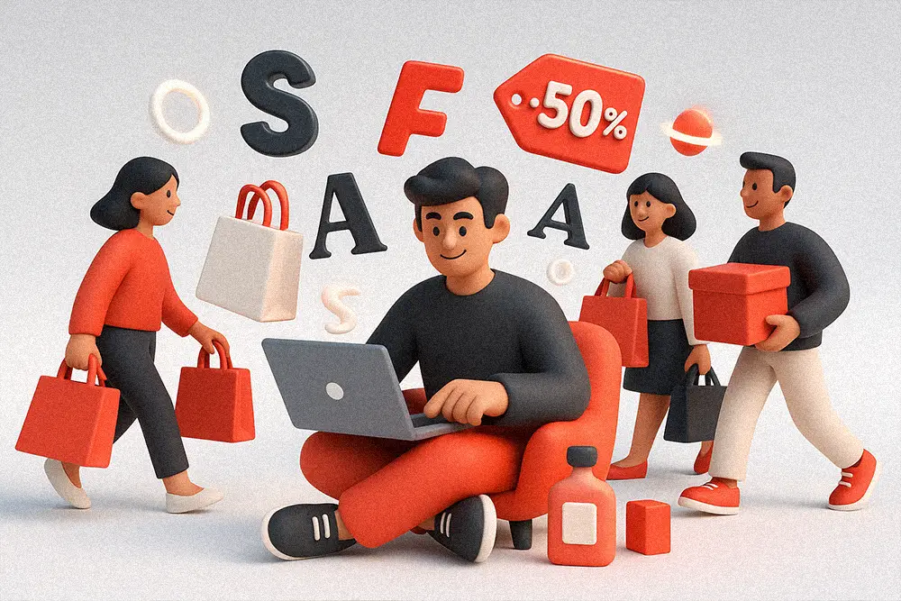 3D clay-style illustration representing creative energy and modern design inspired by Black Friday Fonts — bold, dynamic, and full of shopping excitement.