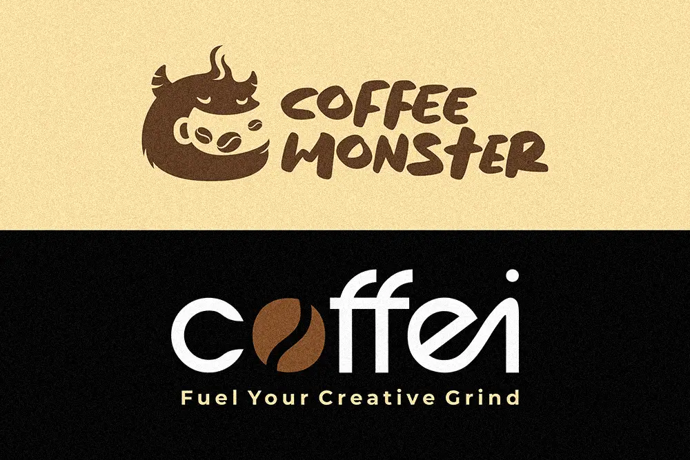 Two creative Coffee Shop Font logo concepts — the top design “Coffee Monster” uses a playful handwritten style resembling the Bakso Tahu font, while the bottom “Coffei” logo combines modern curves and clean geometry inspired by the Gued font.
