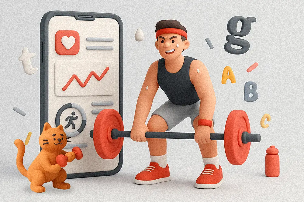 A 3D clay-style illustration of a determined athlete lifting weights beside a smartphone displaying a fitness app, symbolizing creativity and motivation behind Fitness App Fonts.