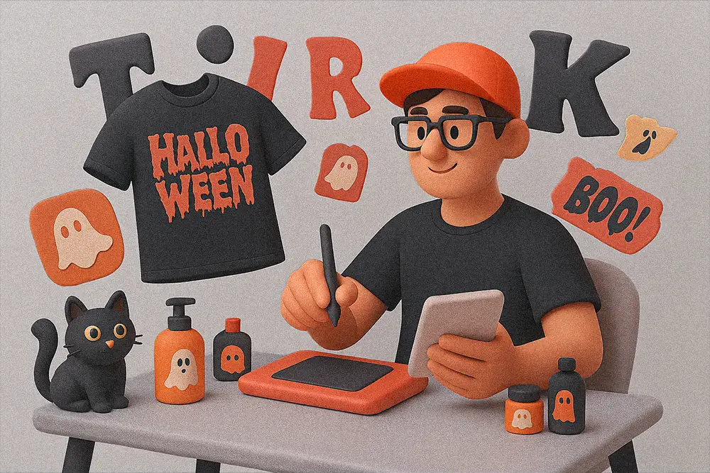 Halloween Merch Fonts for spooky print-on-demand designs, featuring creepy T-shirts, stickers, and mugs in horror-inspired creative workspace.