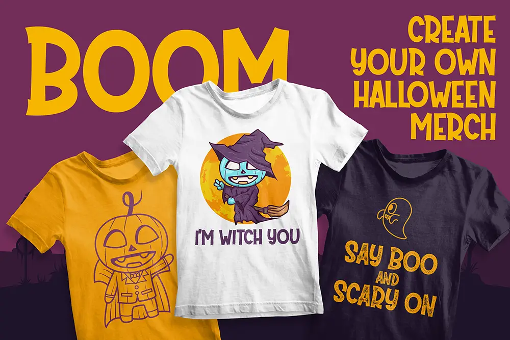 Halloween Merch Fonts on spooky t-shirts with playful witch, pumpkin, and ghost designs for seasonal apparel branding