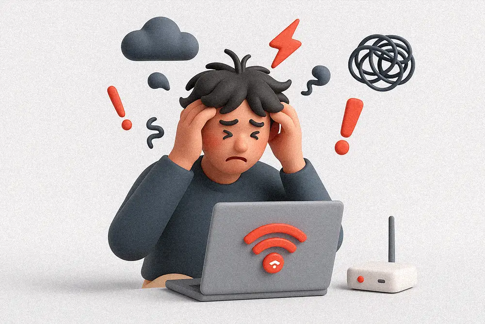 A creative 3D clay-style scene symbolizing resilience and focus during connection issues — perfectly visualizing How to Fix Wi-Fi Drops for unstoppable freelancers.