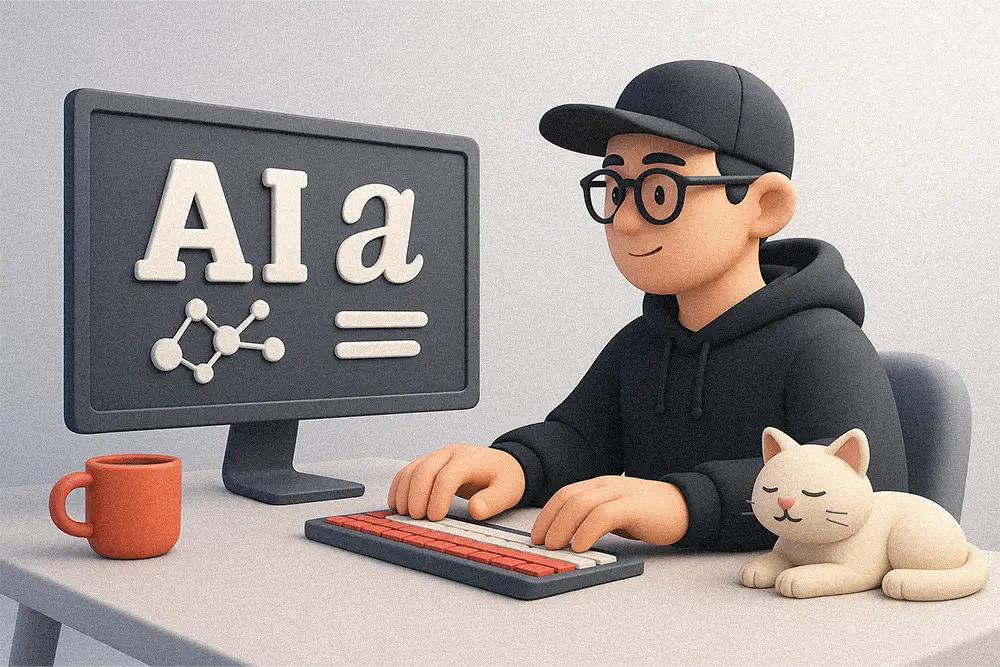 A 3D clay-style illustration of a creative designer working on Typeface Ideation Using AI, symbolizing the harmony between human creativity and technology in modern design.