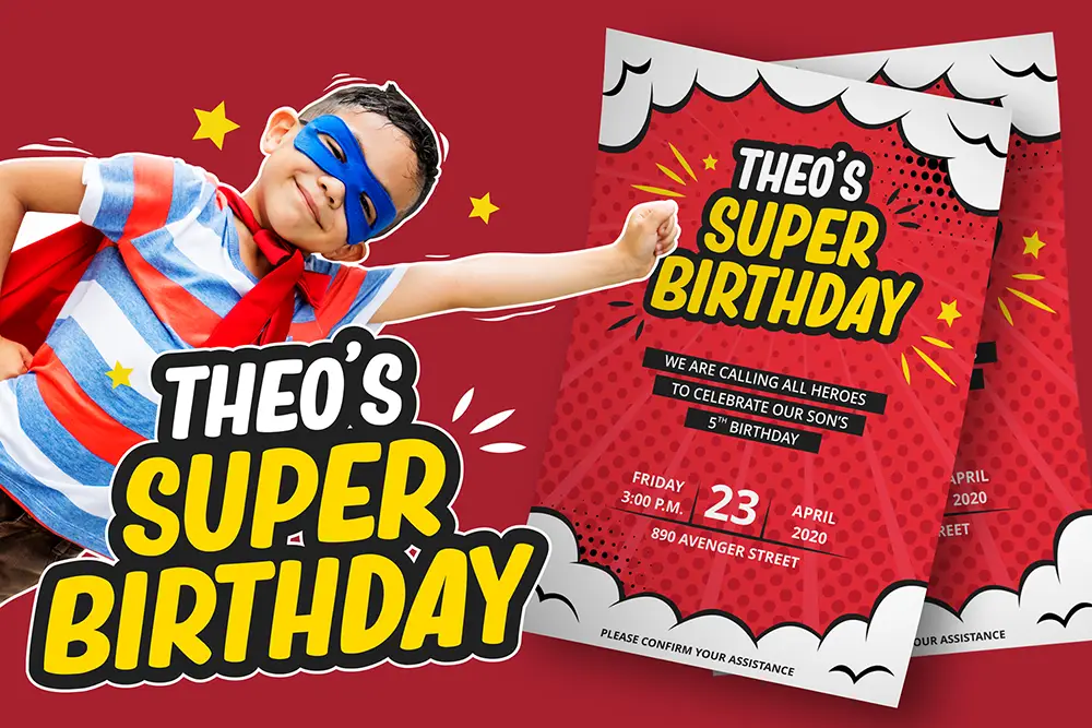 Playful superhero-style invitation design using bold comic typography that captures the joyful energy of Fonts for Kids’ Birthday projects.