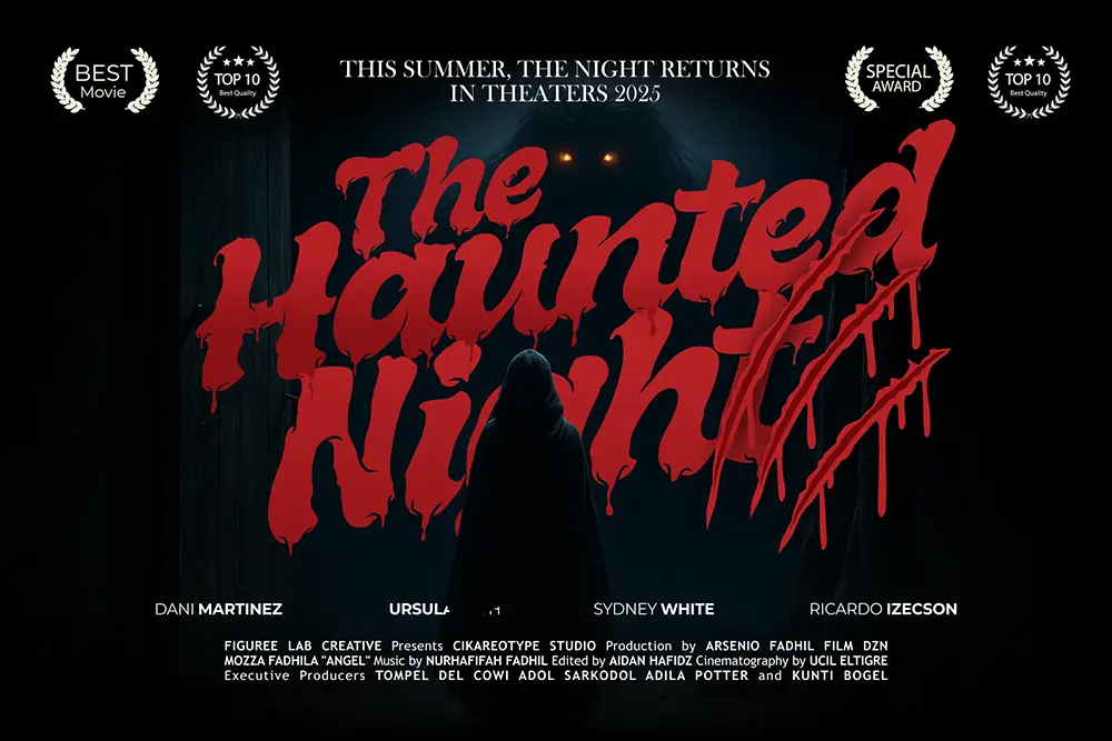 Horror Movie Fonts example using Melted Brain in a dark and creepy film poster design for The Haunted Night 2025
