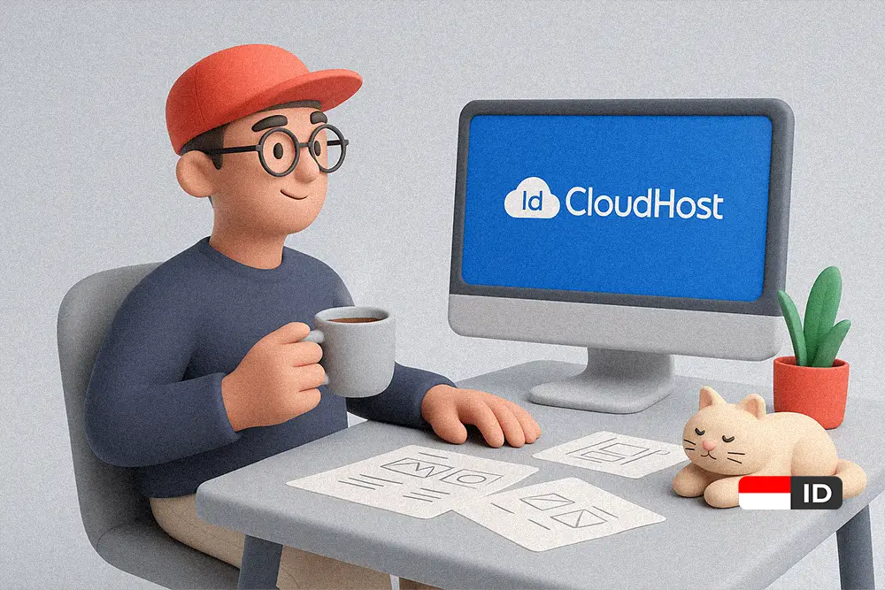 Ilustrasi 3D bergaya clay yang menggambarkan desainer santai bekerja dengan percaya diri dan fokus — merepresentasikan pengalaman dari Review IDCloudHost.