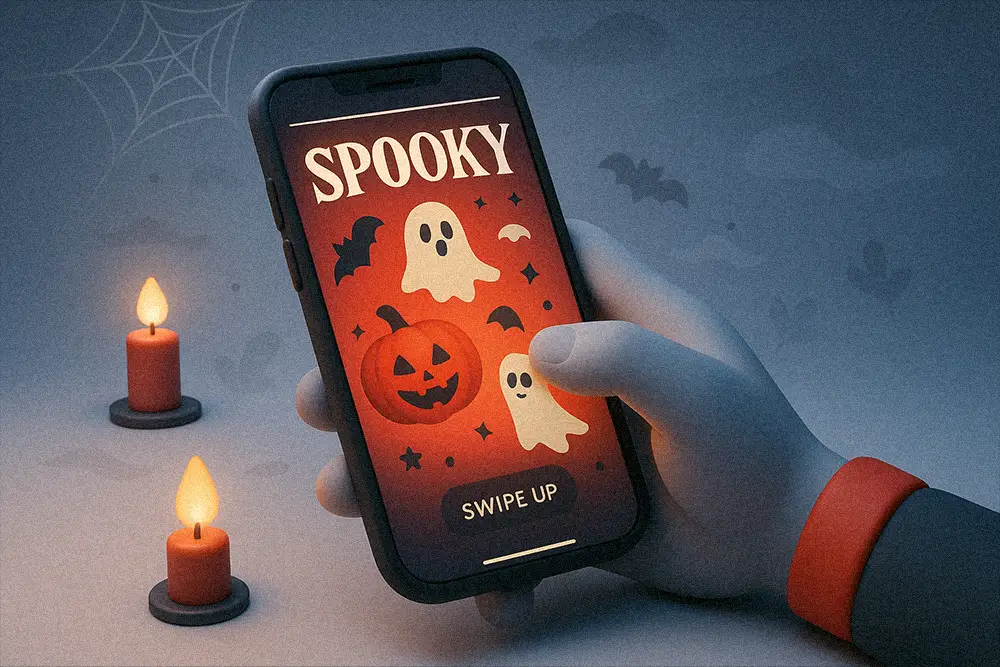 A dark 3D clay-style illustration capturing the creative energy behind Spooky Instagram Story Templates — glowing pumpkins, ghosts, and sleek Halloween visuals in Figuree Studio’s signature modern style.