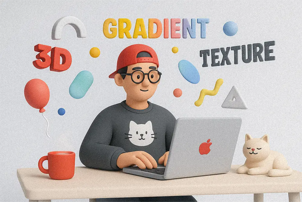Creative 3D clay-style illustration of a designer experimenting with Illustrator Text Effects, surrounded by floating typography, coffee, and a relaxed cat.