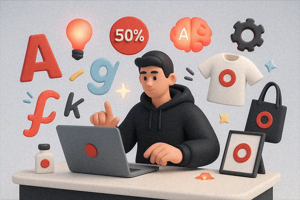 Creative designer surrounded by floating typography, tech symbols, and merch elements, representing the spirit of Smart AI Design innovation.