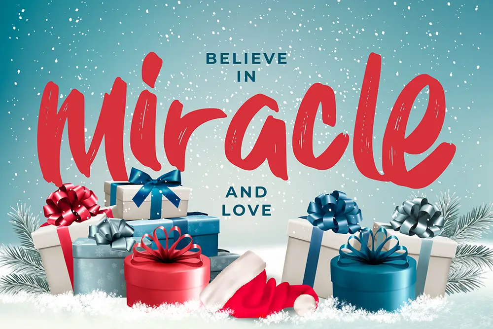 Winter Greeting Card Fonts – cozy festive typography design featuring the phrase “Believe in Miracle and Love” in bold red brush lettering with snow, gifts, and ribbons.
