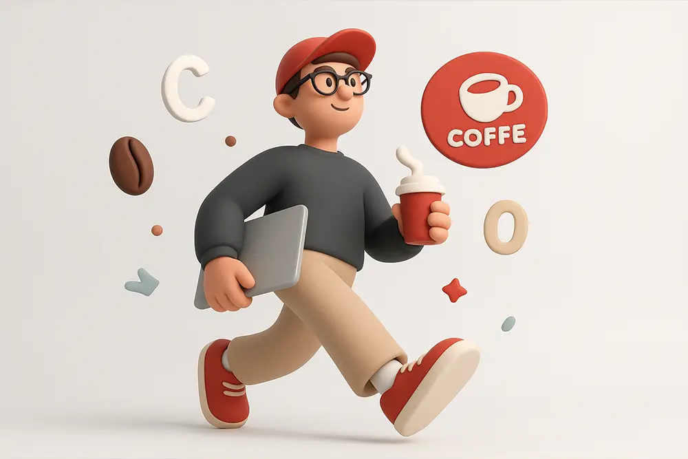 3D clay-style illustration of a confident male designer walking with coffee and a laptop, surrounded by floating logo icons and beans — visually representing Coffee Shop Fonts creativity and aroma-inspired branding.