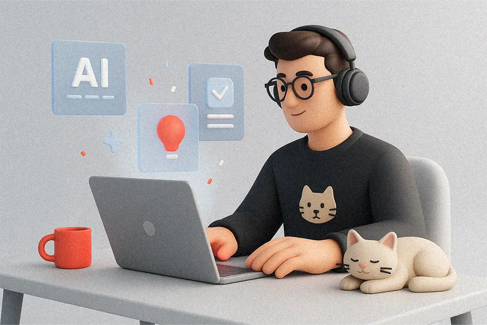 A modern 3D clay-style illustration of a focused designer discovering Game-Changing AI Tools on his laptop, with subtle holographic screens and a calm creative workspace atmosphere.