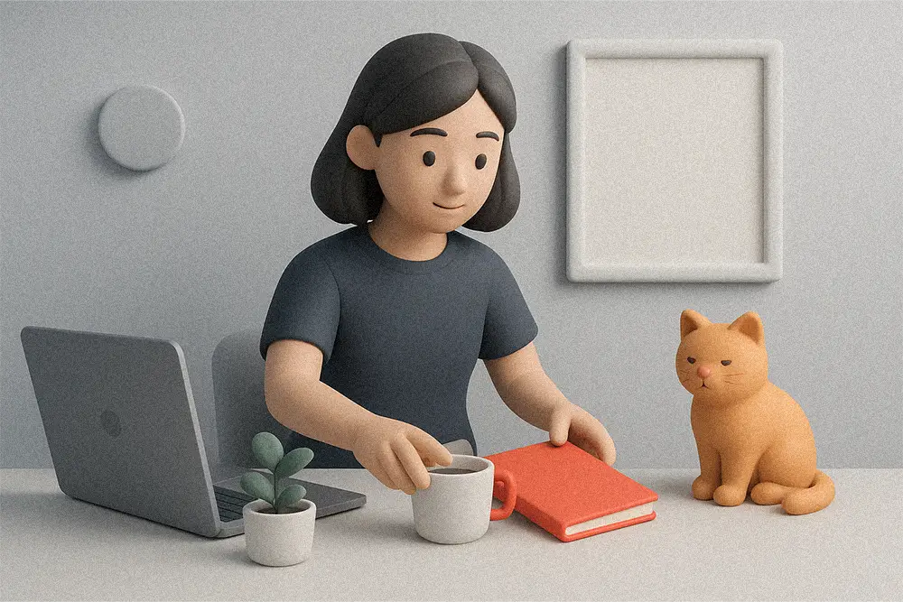 A 3D clay-style illustration of a female designer organizing her minimalist desktop setup with a laptop, notebook, coffee, and an orange cat beside her, representing calm focus and creativity in a clean workspace.