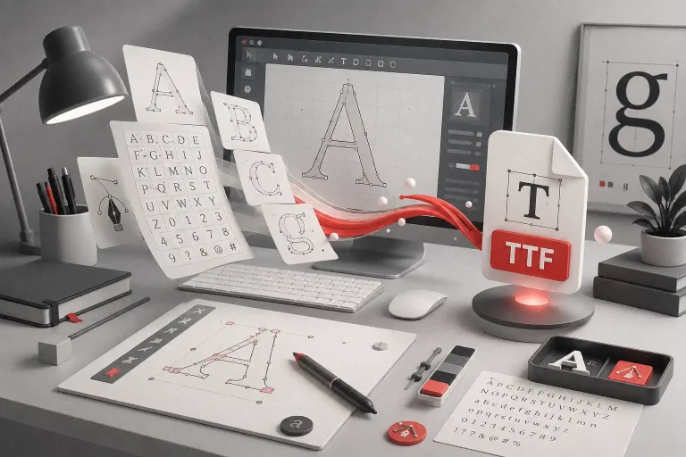 Font Sheet Importer visual concept showing a clean font production workflow with SVG glyph sheets, vector tools, and a TTF export icon.
