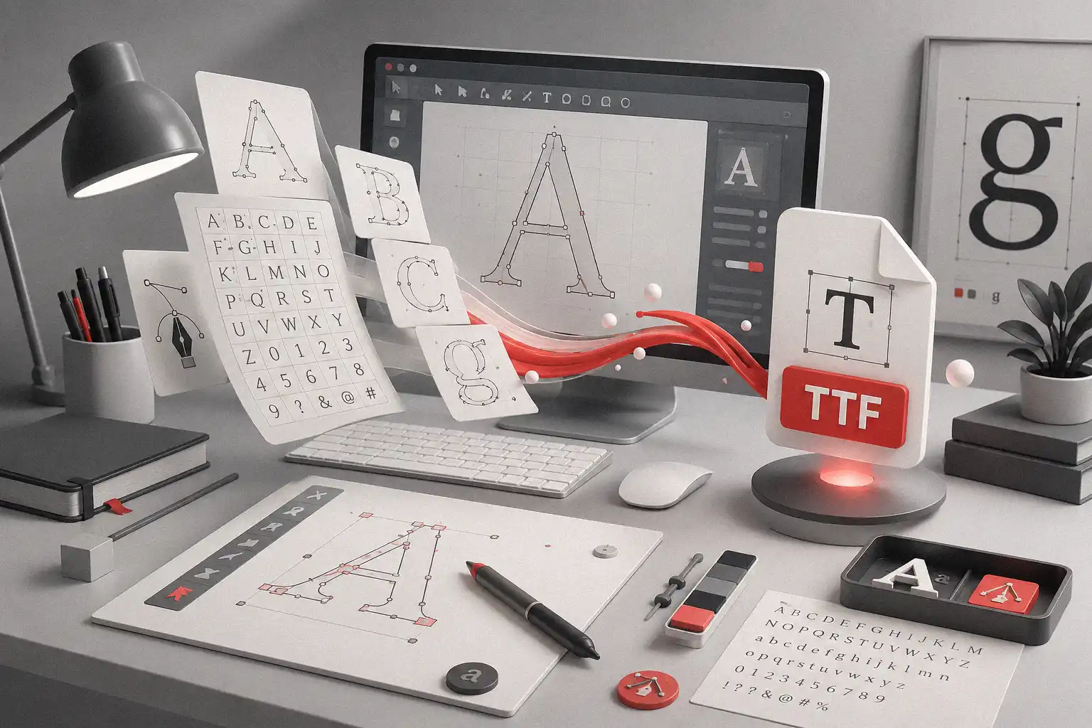 Font Sheet Importer visual concept showing a clean font production workflow with SVG glyph sheets, vector tools, and a TTF export icon.