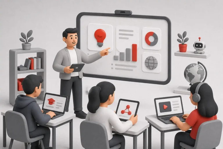 Top Technology in Education Tools for Better Learning visual concept with a modern teacher-led digital classroom.
