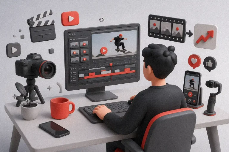 Turn Raw Footage Into Viral Videos through a clean creative editing workspace with social media visuals and bold Figuree-style red accents.