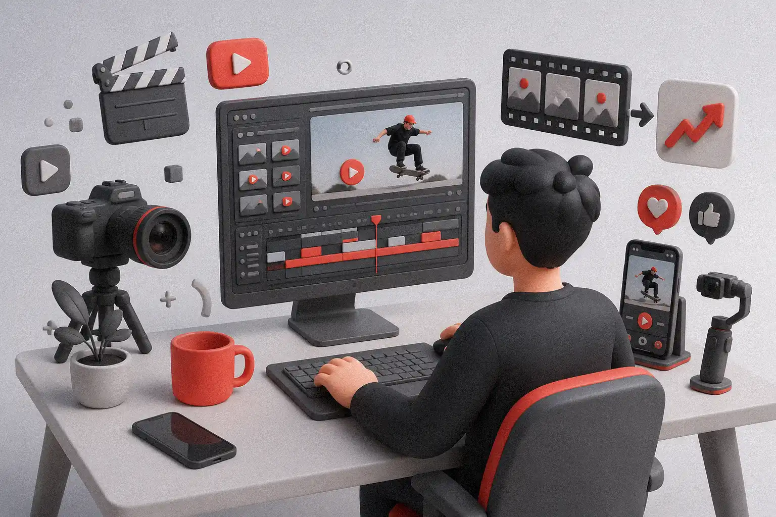 Turn Raw Footage Into Viral Videos through a clean creative editing workspace with social media visuals and bold Figuree-style red accents.