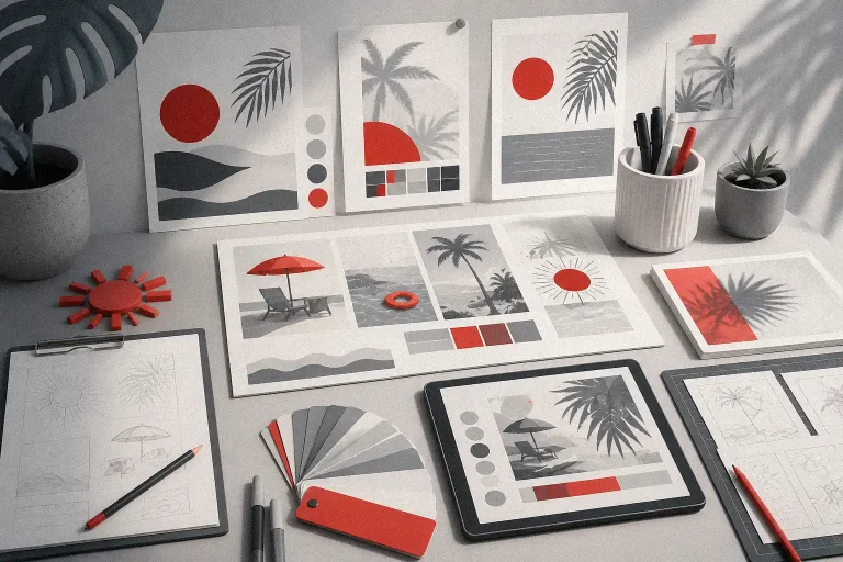 Modern creative workspace illustrating Summer Graphic Design Styles, featuring seasonal design inspiration, layout exploration, and a clean editorial aesthetic.